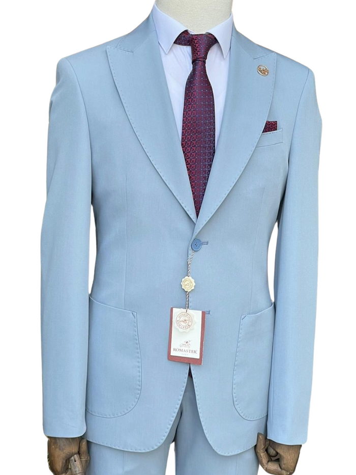Romaster Men’s Solid Light Blue Slim Fit Peak Lapels Stretch Wool Suit