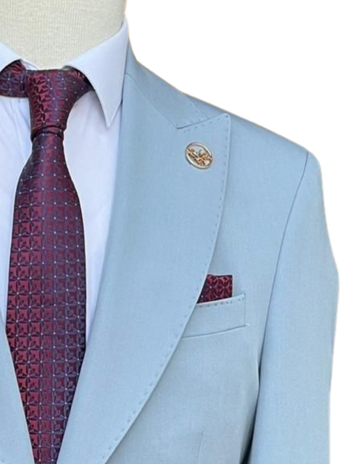 Romaster Men’s Solid Light Blue Slim Fit Peak Lapels Stretch Wool Suit