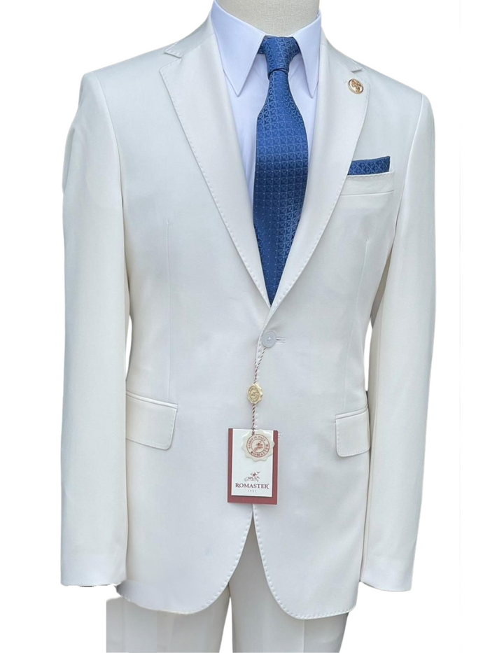 Romaster Mens Solid White Notch Lapel Slim Fit Stretch Wool Blend suit