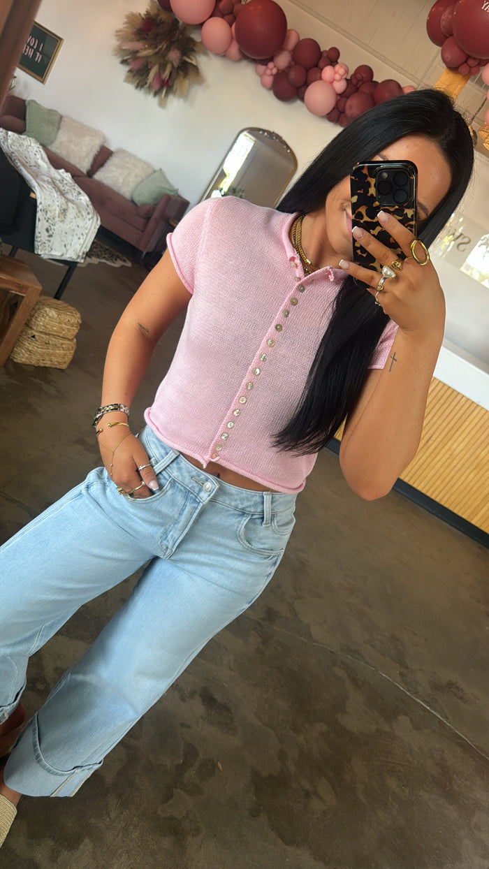 Short Sleeve Knitted Button-Up- Baby Pink