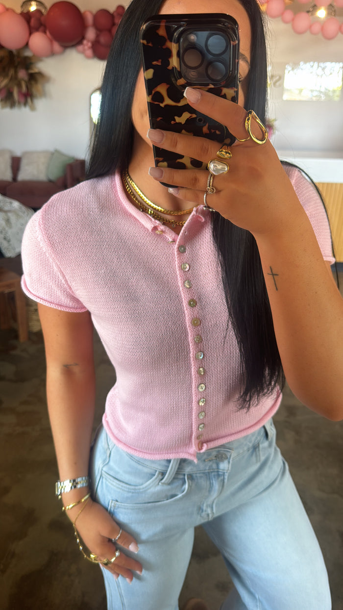 Short Sleeve Knitted Button-Up- Baby Pink