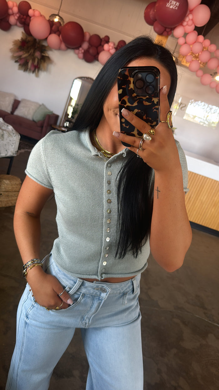 Short Sleeve Knitted Button-Up- Dusty Mint