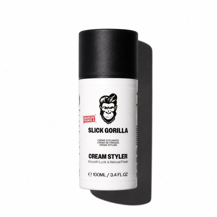 Slick Gorilla Cream Styler 100ml bottle for flexible hold, natural finish and everyday hair styling airless pump bottle on a white background with a leaning shadow