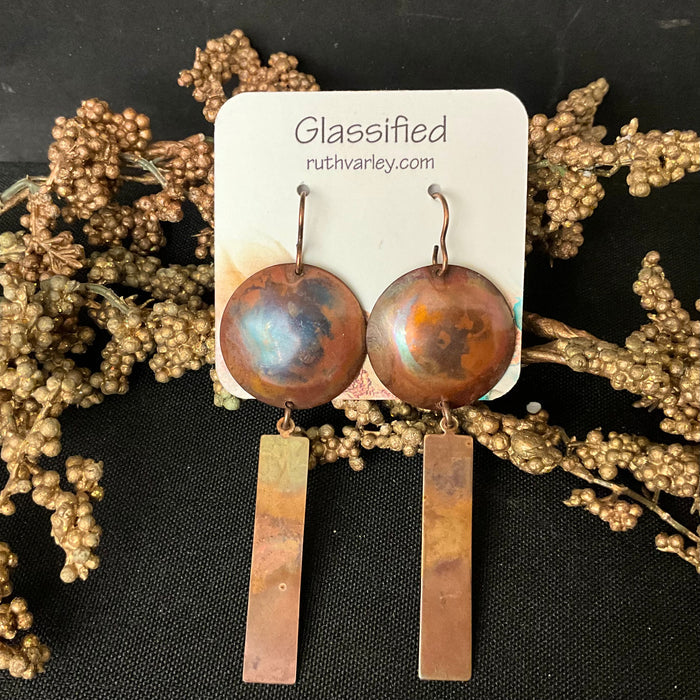 Small Flame Copper Disc Earrings with Rectangle Drop