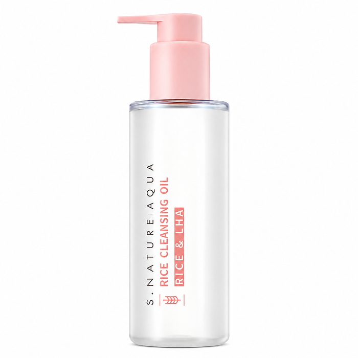 clear s.nature aqua rice cleansing oil bottle with a soft pink pump on a clean white background, featuring minimalist packaging with rice and lha branding.