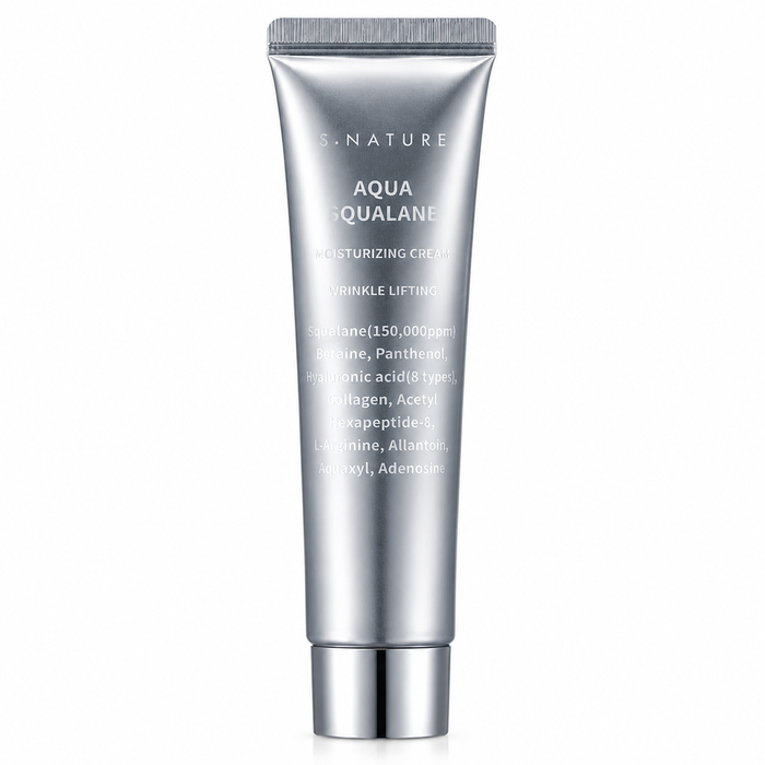 silver s.nature aqua squalane moisturizing cream tube on a clean white background with a sleek metallic finish and minimalist packaging.