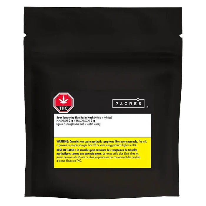 Flat-front photo of a black pouch labeled "Sour Tangerine Live Resin Hash" by 7ACRES with a red THC octagon and a yellow warning block.