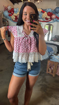 Strawberry Gingham Lace Top