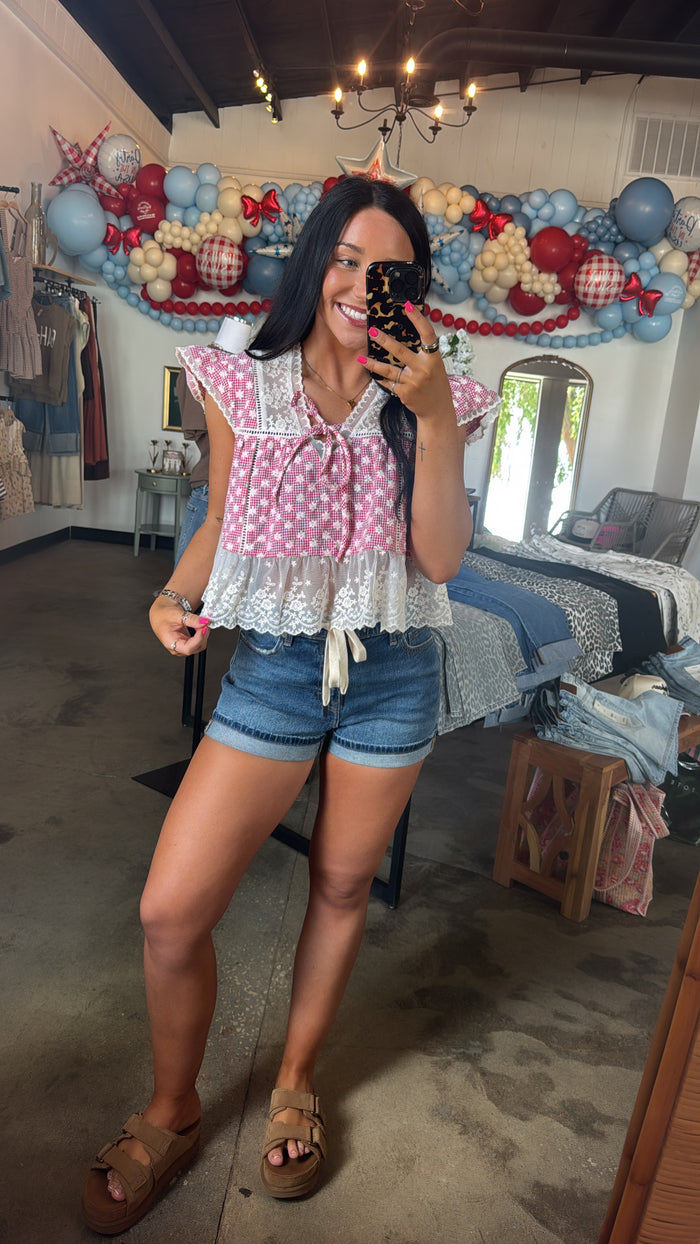 Strawberry Gingham Lace Top