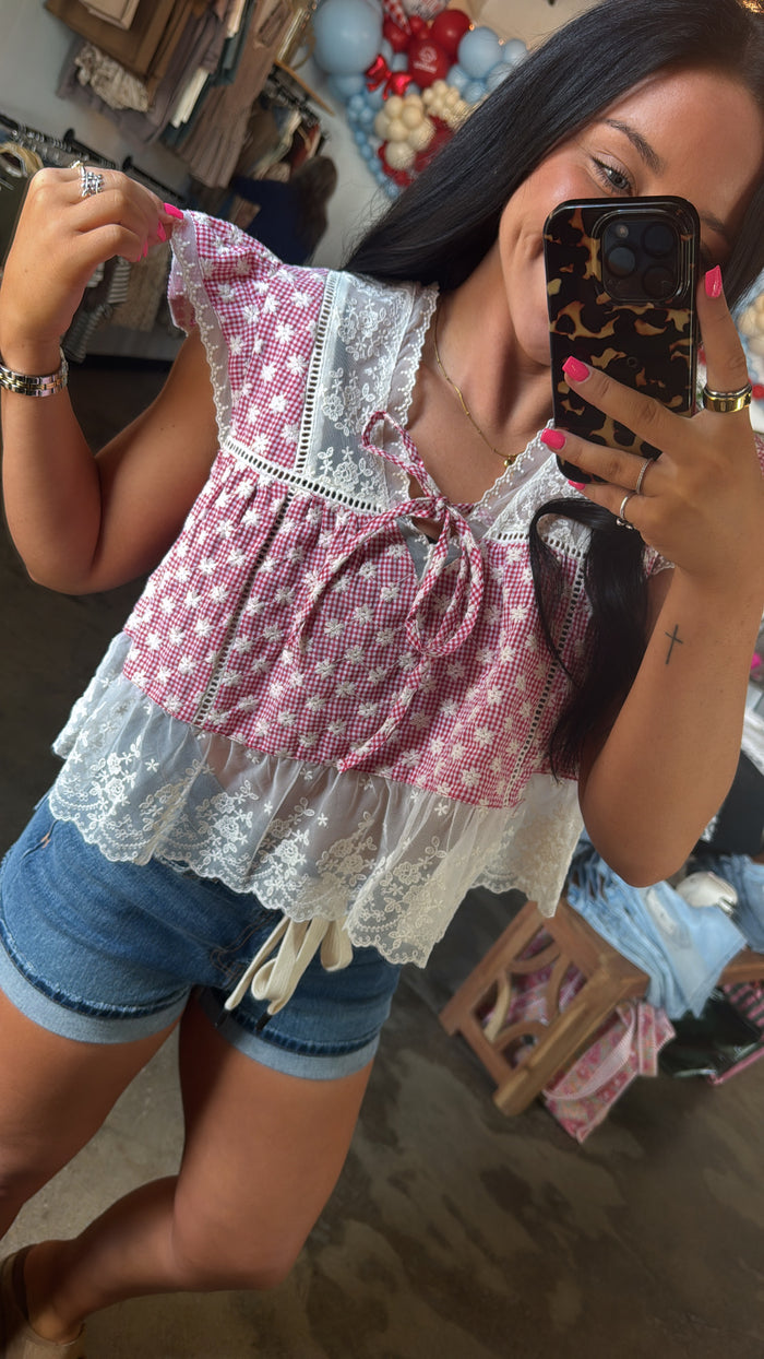 Strawberry Gingham Lace Top