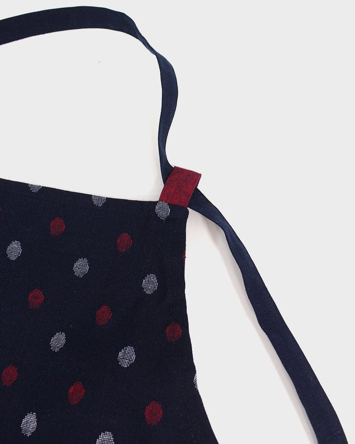 ToK Japanese Apron, Cafe Style, Indigo with Red And White Polka Dots