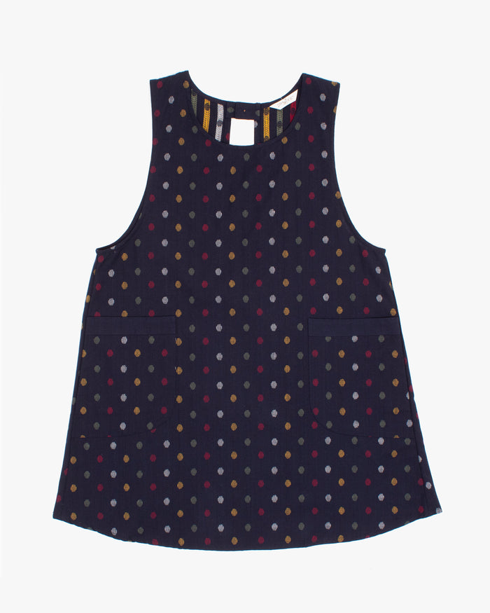 ToK Japanese Apron, Indigo Pockets, Indigo with Red, Yellow, Green, and White Dots