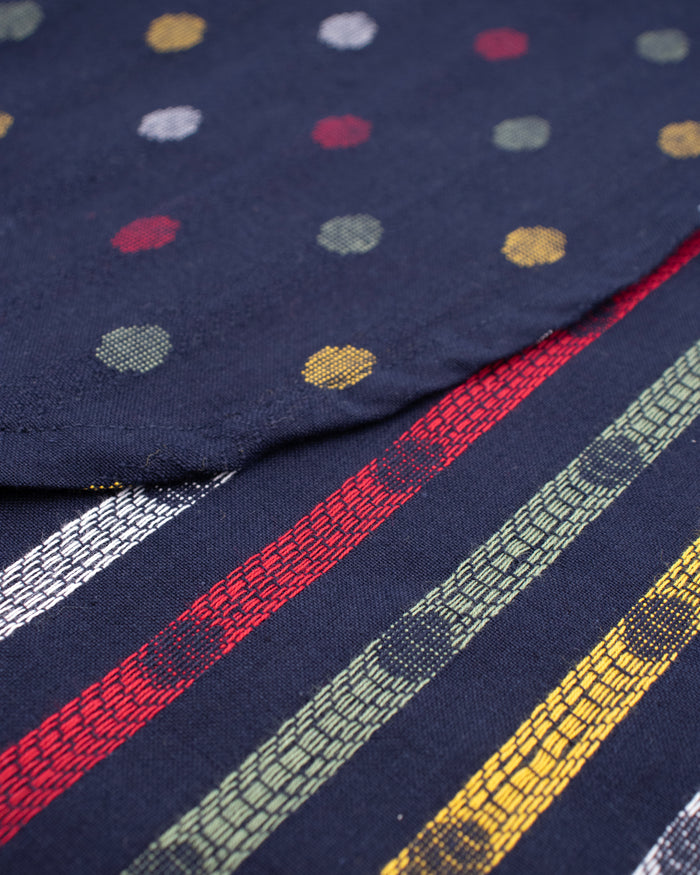 ToK Japanese Apron, Indigo Pockets, Indigo with Red, Yellow, Green, and White Dots