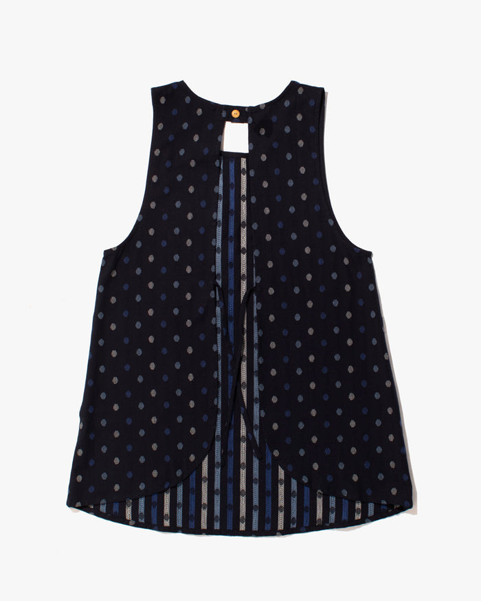 ToK Japanese Apron, Pocket, Indigo with Multi-Blue Polka Dots