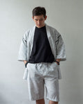 ToK Jinbei Set, Chijimi Weave, White with Faded Black Grid