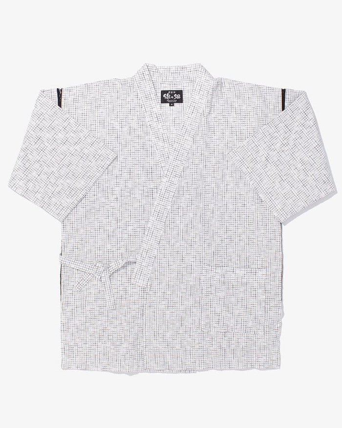 ToK Jinbei Set, Chijimi Weave, White with Faded Black Grid