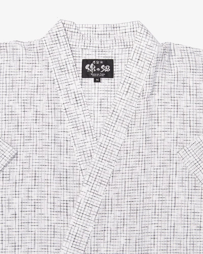 ToK Jinbei Set, Chijimi Weave, White with Faded Black Grid