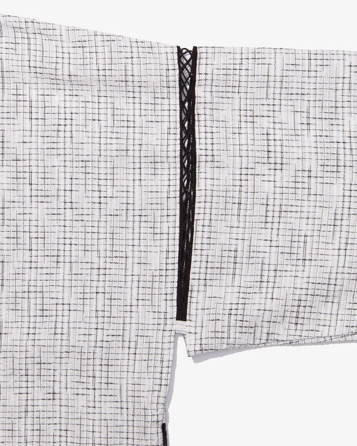 ToK Jinbei Set, Chijimi Weave, White with Faded Black Grid