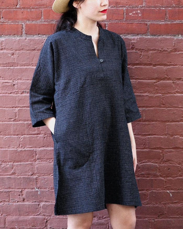 ToK Pocket Dress, Oversized A-Line, Front Button, Chijimi, Grid