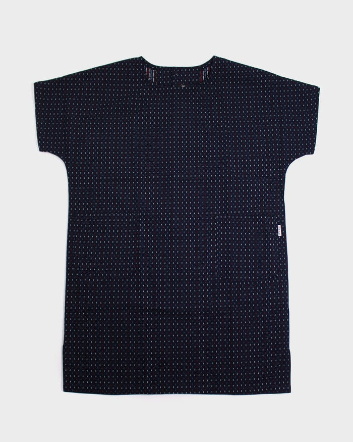 ToK Pocket Dress, Oversized, Indigo with Blue, Red, and White Dashes