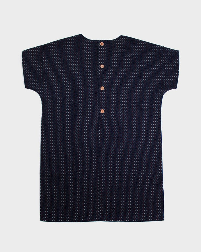 ToK Pocket Dress, Oversized, Indigo with Blue, Red, and White Dashes