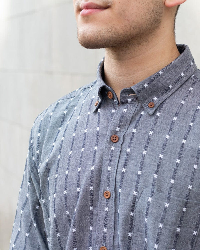 ToK Shirt, Long Sleeve Button-Up, Grey with White 'X' Stitching