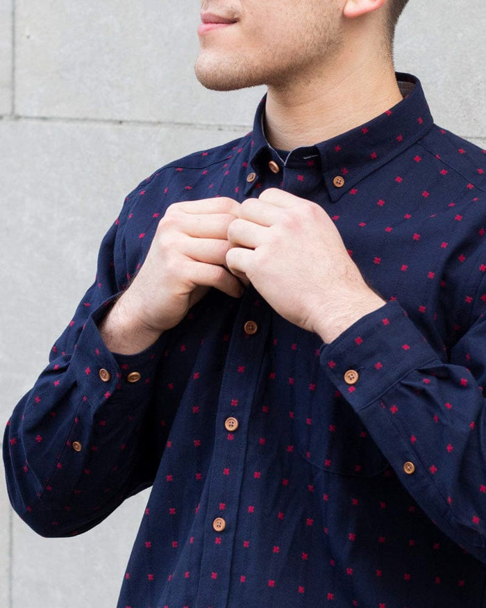 ToK Shirt, Long Sleeve Button-Up, Indigo with Red 'X' Stitching