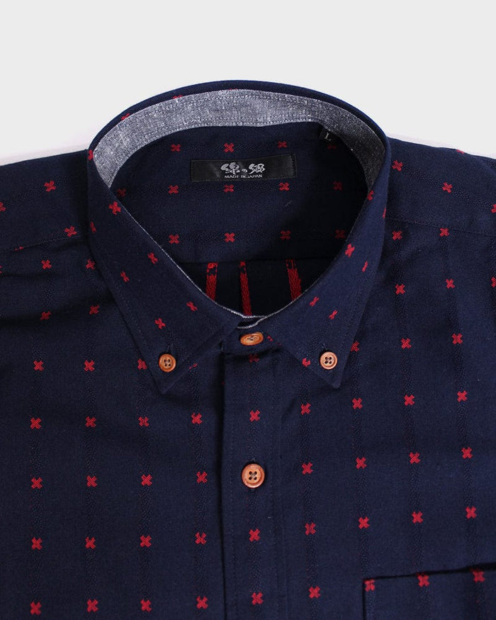 ToK Shirt, Long Sleeve Button-Up, Indigo with Red 'X' Stitching