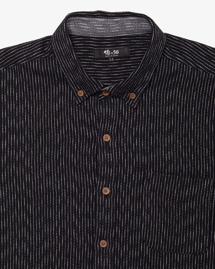 ToK Shirt, Short Sleeve Button-Up, Chijimi, Black Faded Shima
