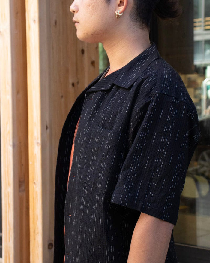 ToK Shirt, Short Sleeve Button-Up, Open Collar, Black Faded Shima