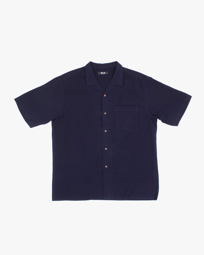 ToK Shirt, Short Sleeve Button-Up, Open Collar, Chijimi Weave Indigo Shima