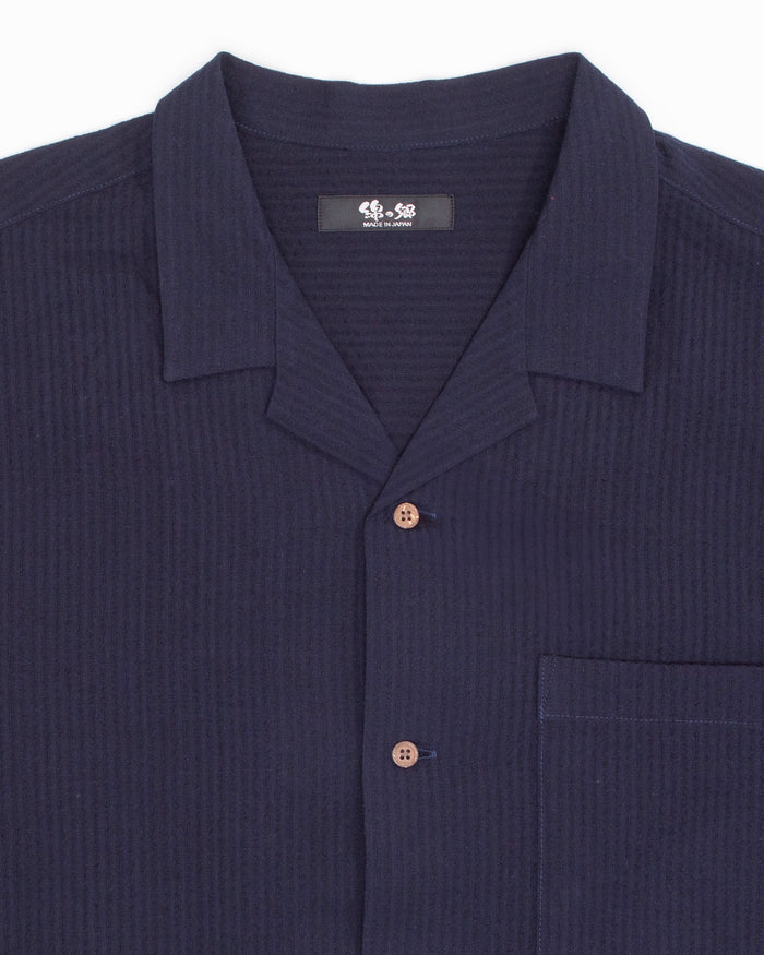 ToK Shirt, Short Sleeve Button-Up, Open Collar, Chijimi Weave Indigo Shima