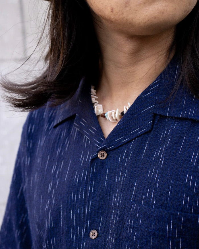 ToK Shirt, Short Sleeve Button-Up, Open Collar, Indigo Faded Shima