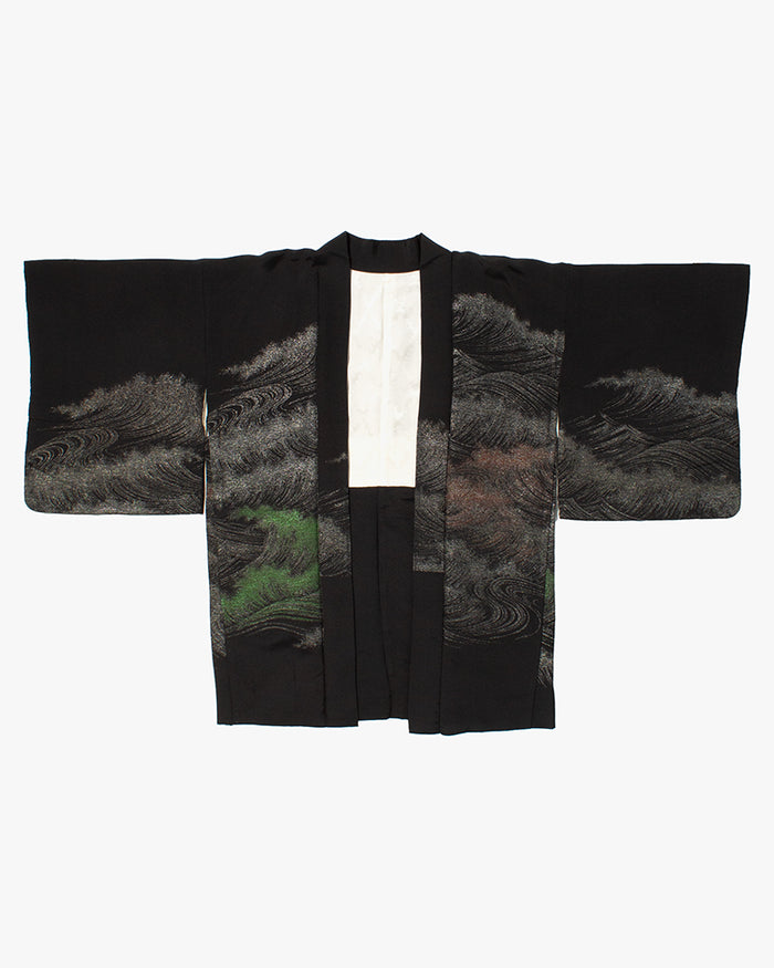 Vintage Haori Jacket, Black with Silver, Green, and Red Waves