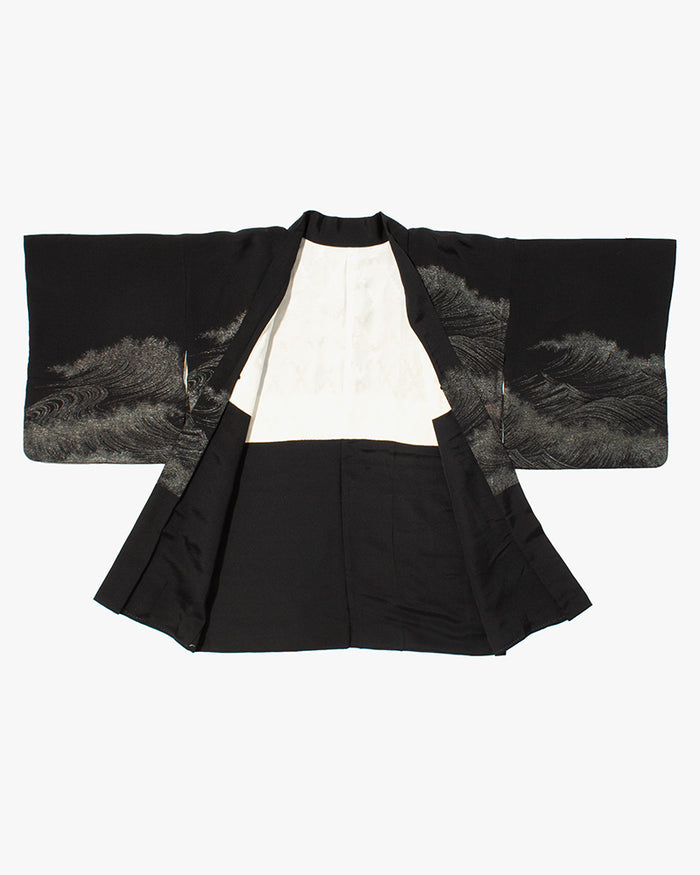 Vintage Haori Jacket, Black with Silver, Green, and Red Waves