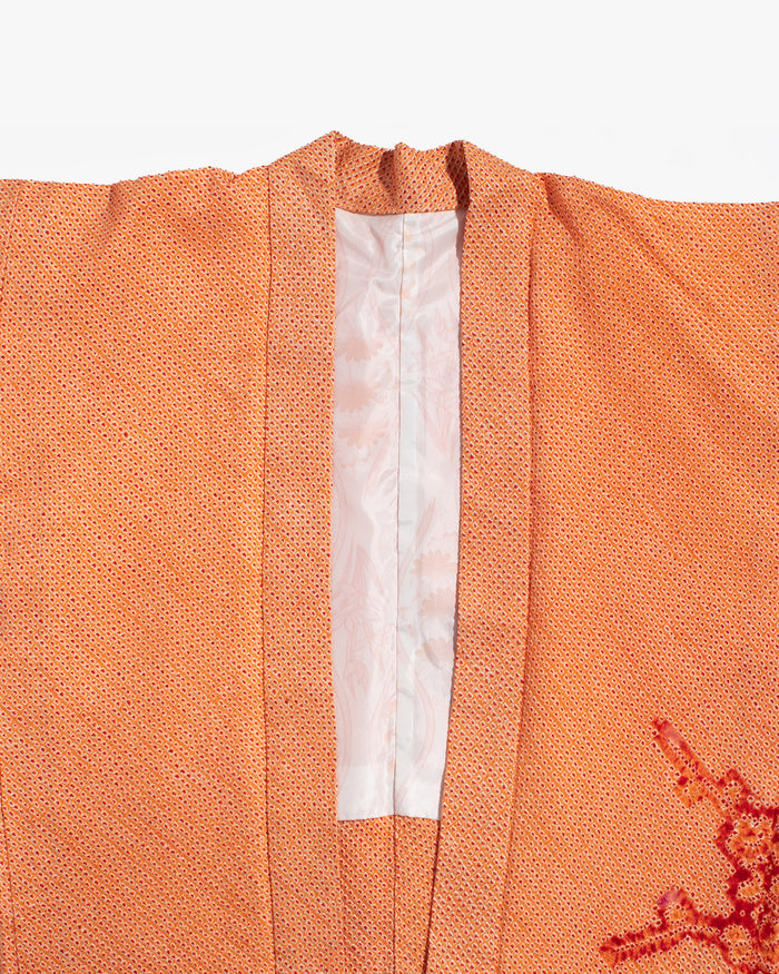 Vintage Haori Jacket, Full Shibori, Orange with Red Floral