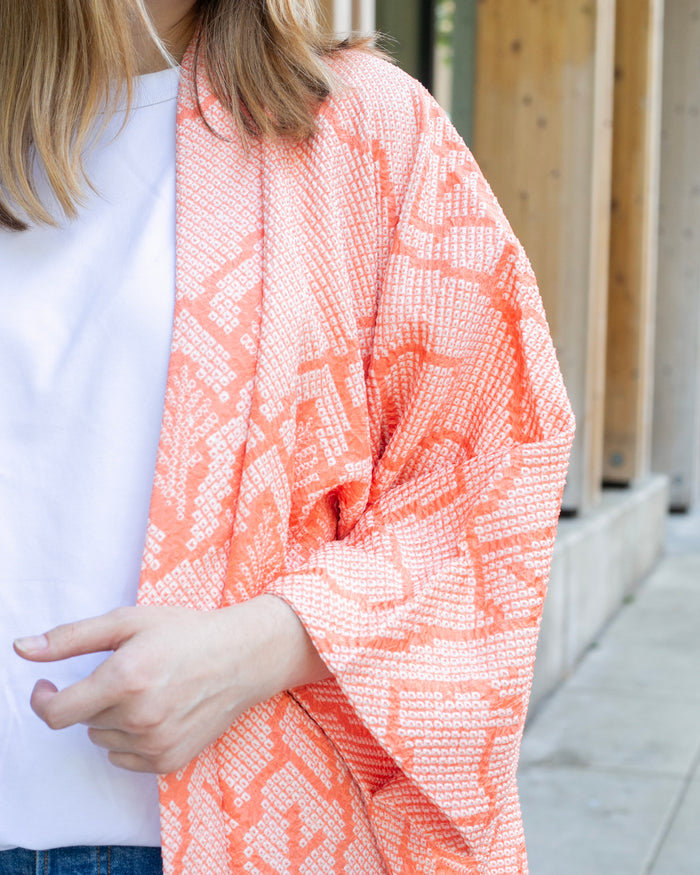 Vintage Haori Jacket, Full Shibori, Peach Tree Landscape
