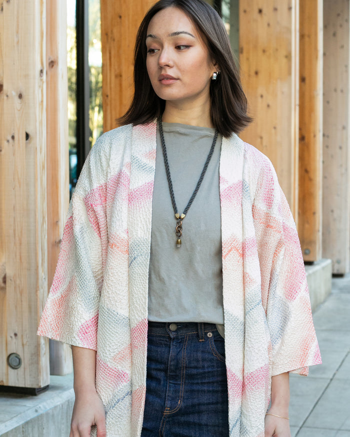 Vintage Haori Jacket, Full Shibori, Pink, Orange, and Gray Mountains