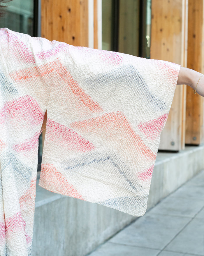 Vintage Haori Jacket, Full Shibori, Pink, Orange, and Gray Mountains
