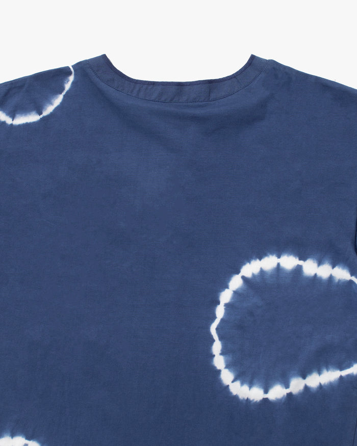 Wa-Modern, Short Sleeve Button Up Tunic, Blue Shibori Tye Dye