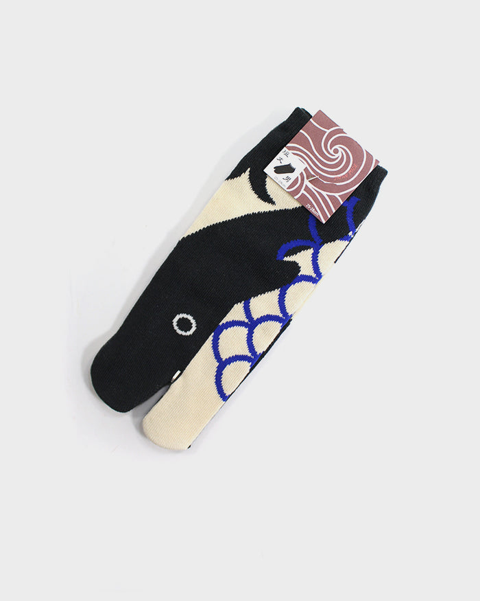 Charcoal tabi socks with whale pattern by Kiriko Made