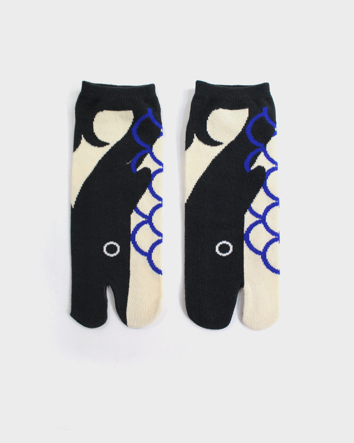 Wa-Modern, Tabi Socks, Ankle, Whale, Charcoal with Cream and Blue (M/L)