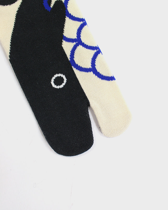 Wa-Modern, Tabi Socks, Ankle, Whale, Charcoal with Cream and Blue (M/L)