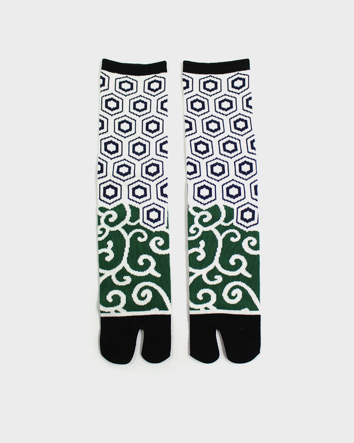 Wa-Modern, Tabi Socks, Crew, Karakusa and Kikkou, Green and White (M/L)