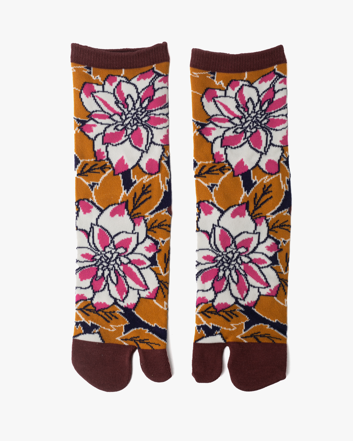 Wa Modern, Tabi Socks, Crew, Mustard Leaves and White with Pink Chrysanthemum