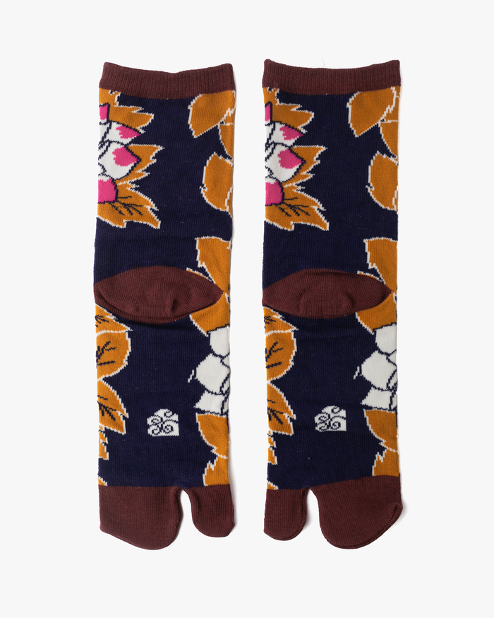 Wa Modern, Tabi Socks, Crew, Mustard Leaves and White with Pink Chrysanthemum