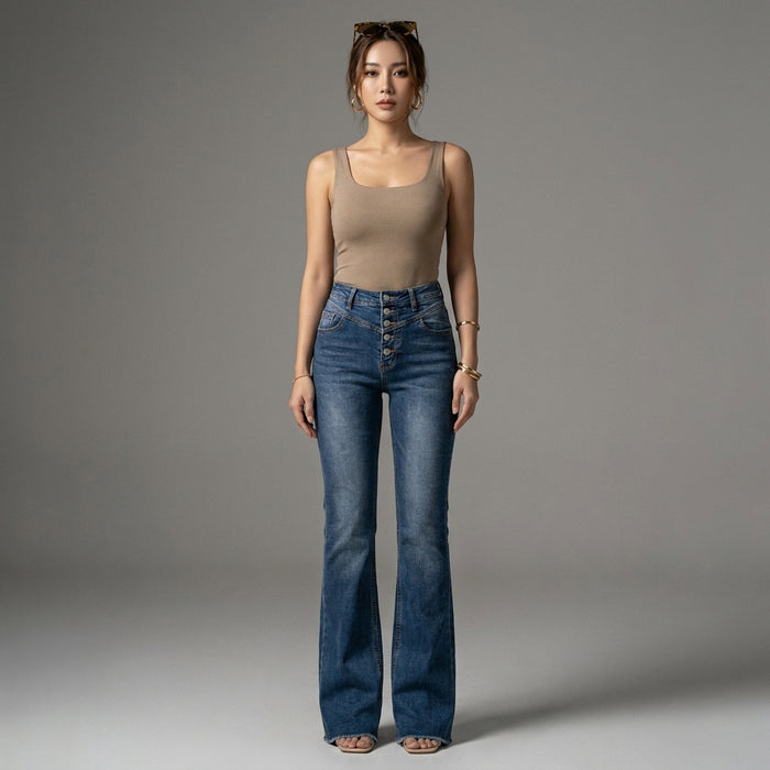 Jean micro flare délavé bleu pour femme, style K-fashion moderne et confortable. - Taille S