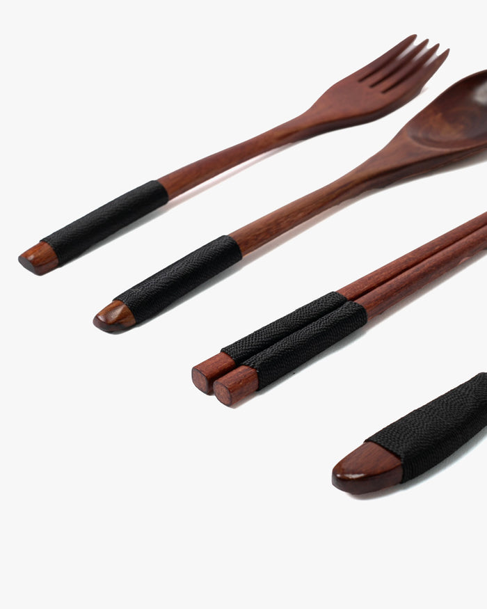 Wooden Utensils, Chopsticks, Spoon, Fork and Knife Set of 4 With Black Accents, With Case