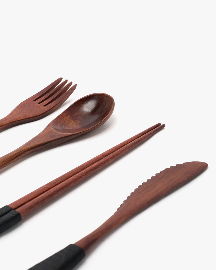 Wooden Utensils, Chopsticks, Spoon, Fork and Knife Set of 4 With Black Accents, With Case