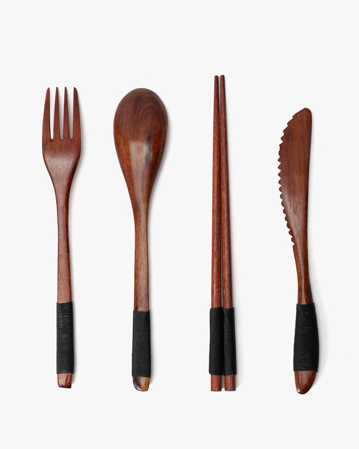 Wooden Utensils, Chopsticks, Spoon, Fork and Knife Set of 4 With Black Accents, With Case